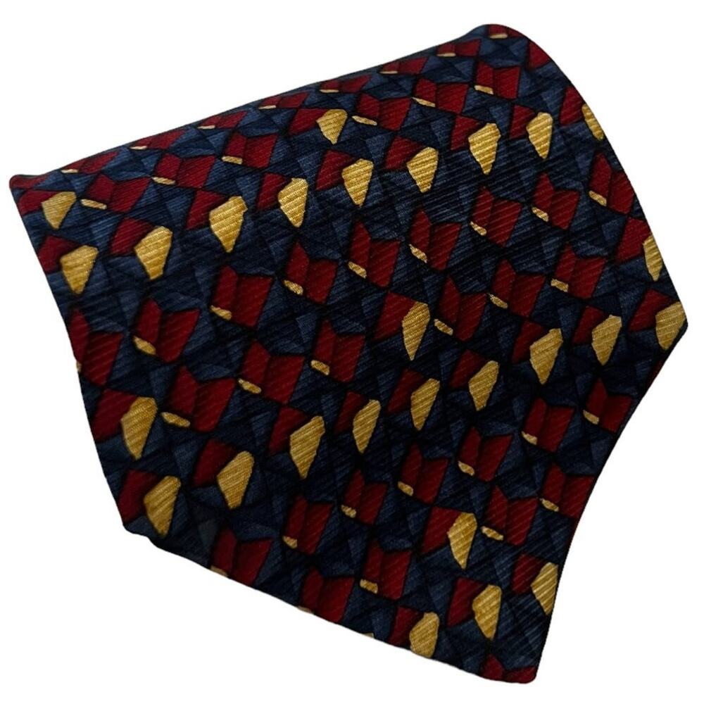 Croft & Barrow Burgundy Blue Tan Abstract Geometric Print Silk Tie